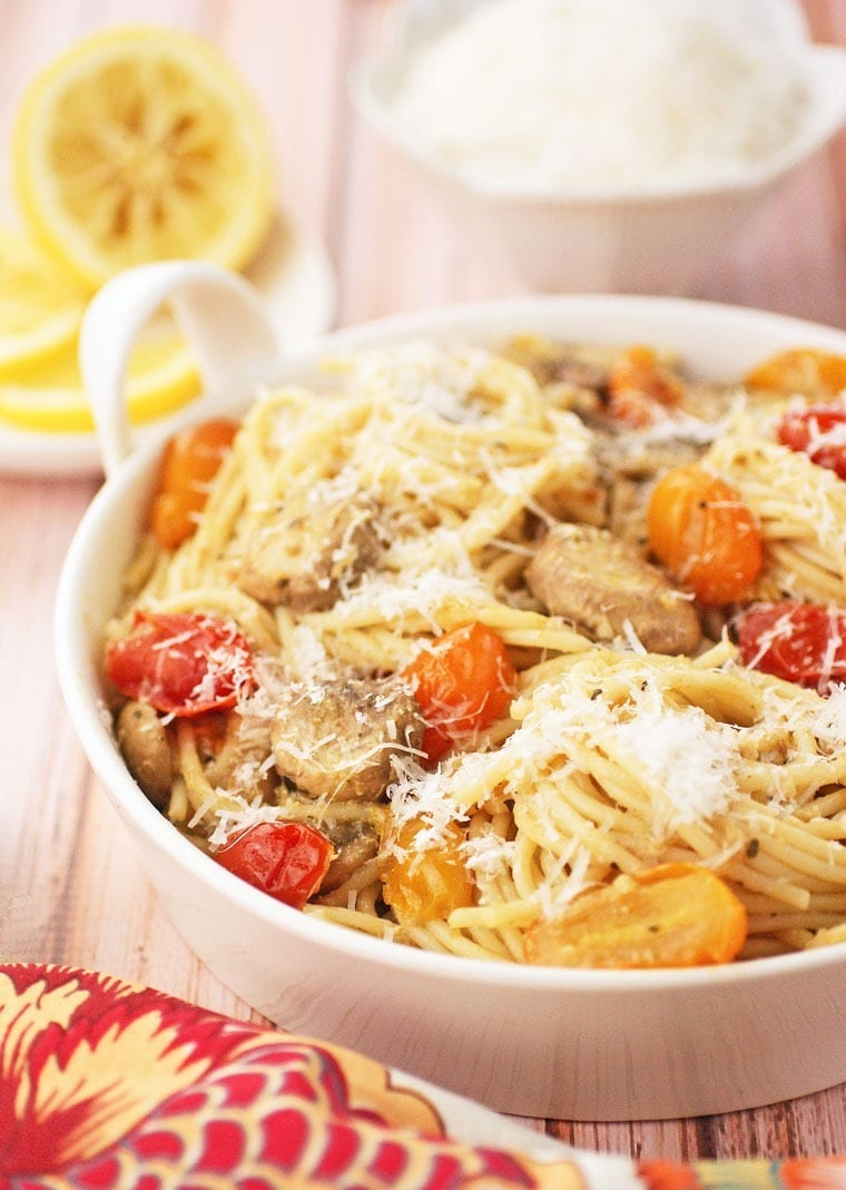 Gluten Free Spaghetti With Pesto, Crab And Tomatoes | This Mama Cooks ...