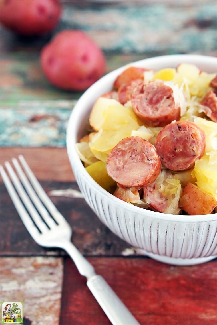 Slow Cooker Sauerkraut And Sausage Recipe With Apples And Potatoes This Mama Cooks On A Diet